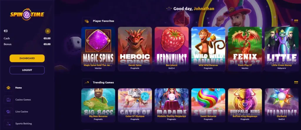SpinTime casino main view