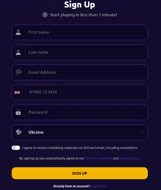 SpinTime registration form with the player fields